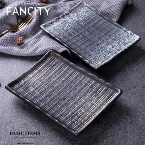 FANCITY Japanese ceramic rectangular plate sushi plate sashimi plate flat plate dark grid cake plate cold dish plate snack plate
