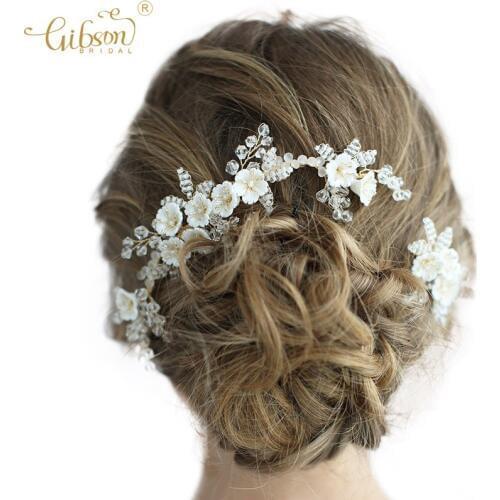 Ins Handmade Side Combs Ceramic Flower Tiny Beads Crystal Bridal Hair Comb Wedding Hair Accessories Headpiece