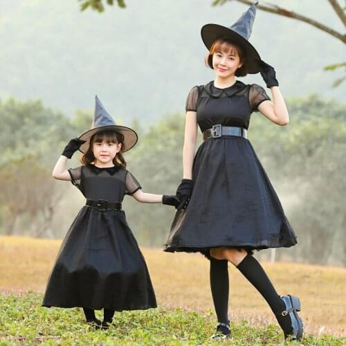 Halloween Black Witch Dress Costume Set with Hat Gloves Girl Adult Parent-Child Costume Party Dress Costume Cosplay Summer Dress