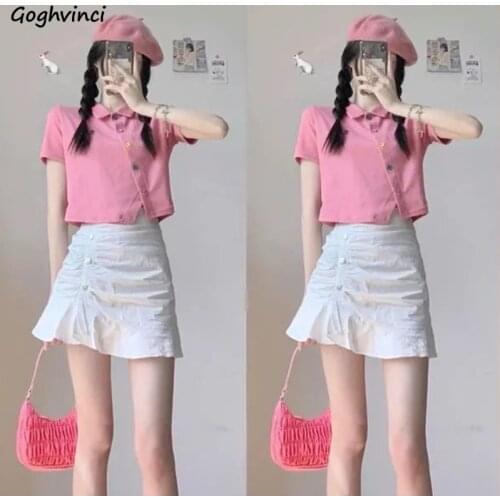 Sets Skirts Sweet Girls Pink Crop T-shirs Fashion Asymmetrical Folds Mini High Waist Slim Streetwear College Two Pieces Casaul