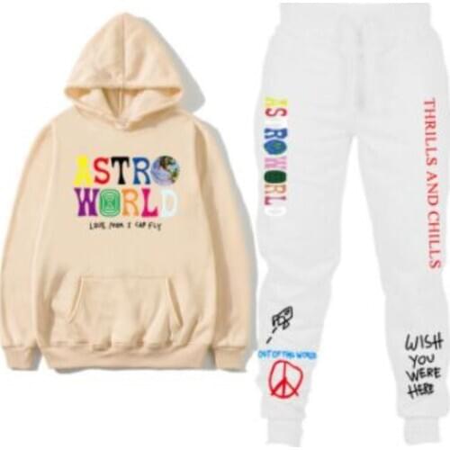 Two Pieces Set Hooded Sweatshirts Autumn Winter Fleece Hoodies+Pants Letters ASTROWORLD HOOD Men Women Hip Hop Sportswear Suit