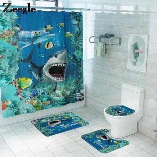 Creative Sea World Printed Bath Mat Shower Room Decoration Toilet Rugs Bathroom Carpet Mat and Shower Curtain Set Bath Foot Pad