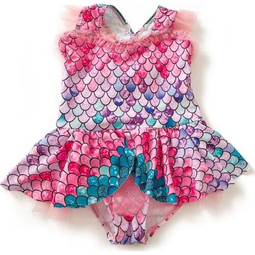 VOGUEON Girl New Summer Mermaid Swimsuit Fish Scale Print Mesh Bodysuit Bikini for Girls Swimming One Piece Swimwear Beachwear