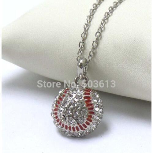 Fashion Costume Jewelry Crystal Rhinestone Half Ball Baseball Charm Pendant Sport Necklace xy025