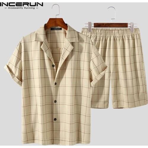 Plaid Men Sets Streetwear Lapel Short Sleeve Shirt Elastic Waist Shorts Breathable Casual Mens Suits 2 Pieces INCERUN S-5XL