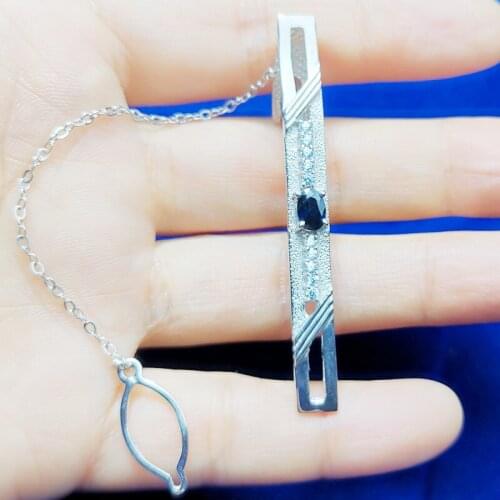 Per jewelry Natural real sapphire men tie clip Free shipping 925 sterling silver Men jewelry 0.6CT gemstone C8070212
