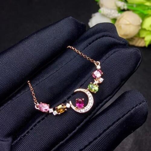 Natural Multicolor tourmaline Necklace Natural Gemstone Pendant Necklace S925 sliver trendy Lovely Moon girl party gift Jewelry