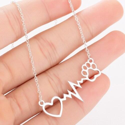 Heartbeat Necklaces Stainless Steel Cat Dog Footprint Pendant Necklace For Women Girl Pet Animal Gift Collar Love Heart Jewelry