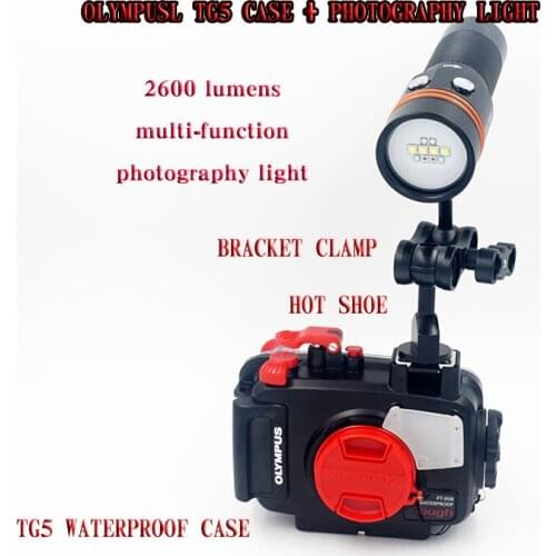 Underwater Waterproof Housing Camera Case for Olympus TG-5 PT-058 + Archon D34V Diving Torch Fashlight + Bracket Clamp Hot Shoe