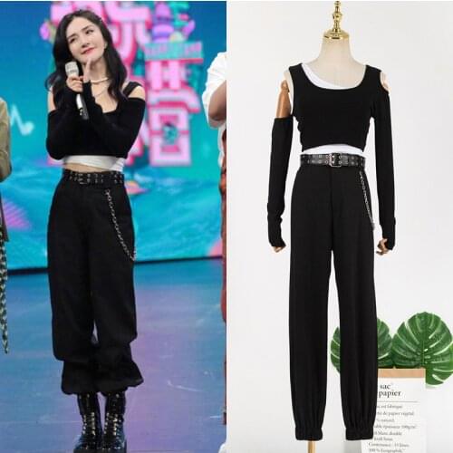 KPOP TWICE IU Seo Yea Ji slim long-sleeve Fake two-piece t shirt tops+black High waist loose pants Punk Chain Belt women outfits