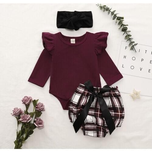 Infant Spring Autumn Casual Sets Baby Bodysuit Plaid Printing Short Pants Headband Three-piece Girls Pure Cotton Pullover Sets