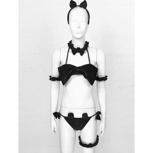 Womens Velvet Lingerie Bunny Girl Exotic Costume Fancy Dress Up Clubwear Bowknot Bra Briefs with Headband Bracelet Leg Ring