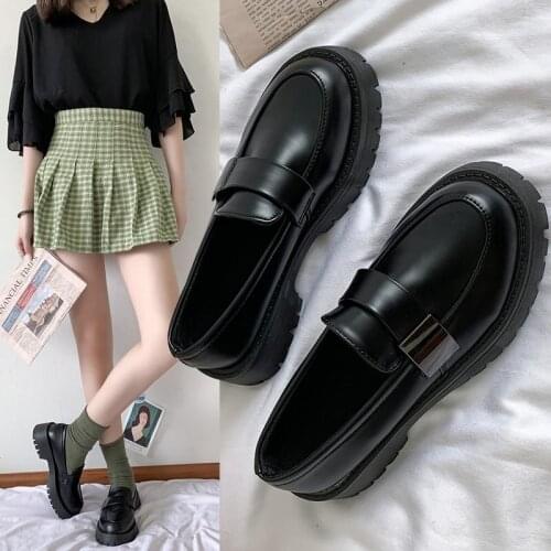 2021 Hot Woman Solid Black PU Leather Loafers Zapatos De Mujer Dropshipping Casual Women Slip on Flats Round Toe Platform Shoes