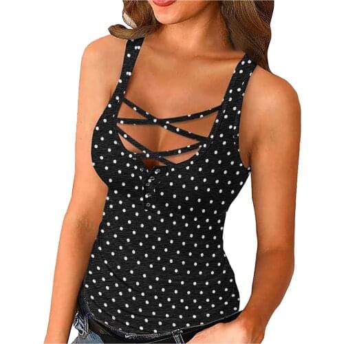 Womens Low Cut Sexy Cross Button Sleeveless Top Vest Shirt Button Down Camis Tank Tops Solid Color Many Dots Printing Shirt