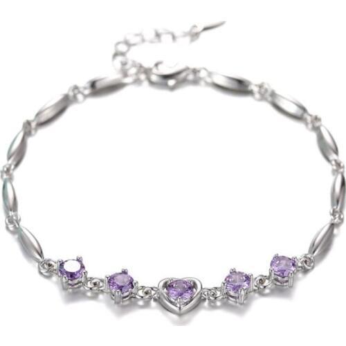 KOFSAC New Charm Purple Crystal Heart Bracelet Bangle Fashion 925 Sterling Silver Bracelets For Women Wedding Jewelry Girl Gift