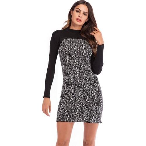 Ladies Sexy Autumn Mock Neck Patchwork Textured Knit Crochet Sweater Bodycon Mini Dress Winter for Women Elegant Short Dresses