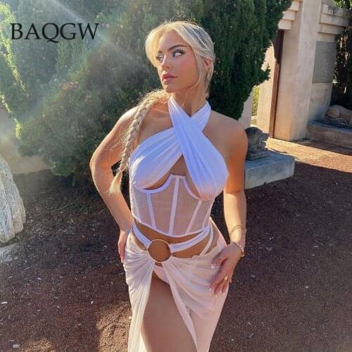 Women Sexy Mesh Transparent Corset Belt Crop Top Fashion Tube Tops Vest Woman Club Halter Bandage Tank White Skinny Bustier Top