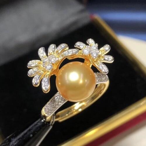 D605 Pearl Ring Fine Jewelry 925 Sterling Silver Round 11-12mm Zircons Nature Sea Water Golden Pearls Rings for Women