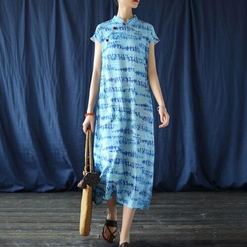 Johnature Women Tie Dye Blue Dress Chinese Style Summer Cheongsam 2021 Summer New Stand Short Sleeve Cotton Linen Button Dresses