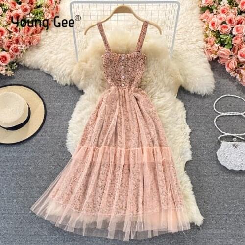 Young Gee Summer Women Floral Print Dress Sleeveless Slim Spaghetti Strap Fashion Strapless Patchwork Mesh Dresses robe femme