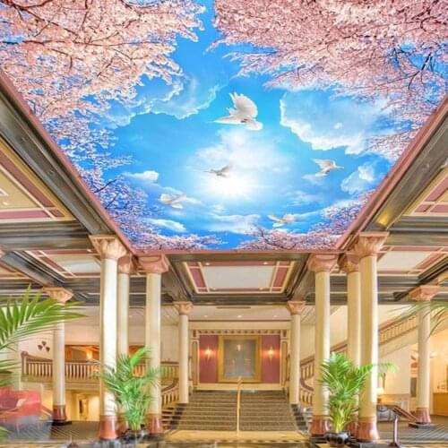 3D simple blue sky white cloud wallpaper Cherry Blossom pigeon hotel lobby ceiling decoration mural papel DE parede Waterproof