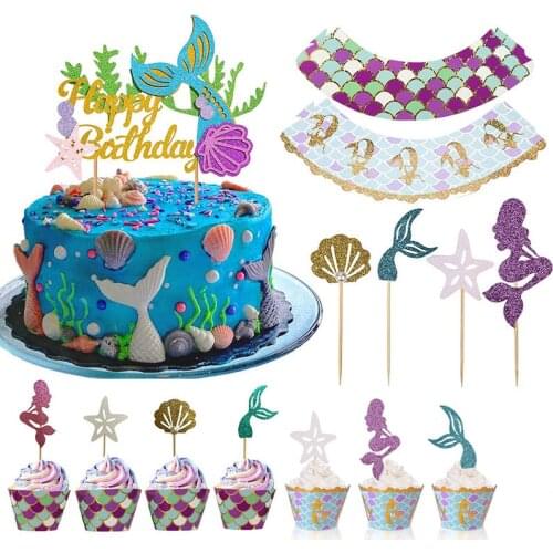 Glitter Mermaid Theme Birthday Cake Topper And Wrapper With Seaweed For Girls Baby Shower Birthday Party Table Decoration