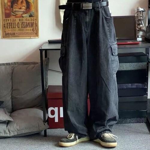 HOUZHOU Baggy Jeans Trousers Male Denim Pants Black Wide Leg Pant Mens Jeans Loose Casual Korean Streetwear Hip Hop Pocket