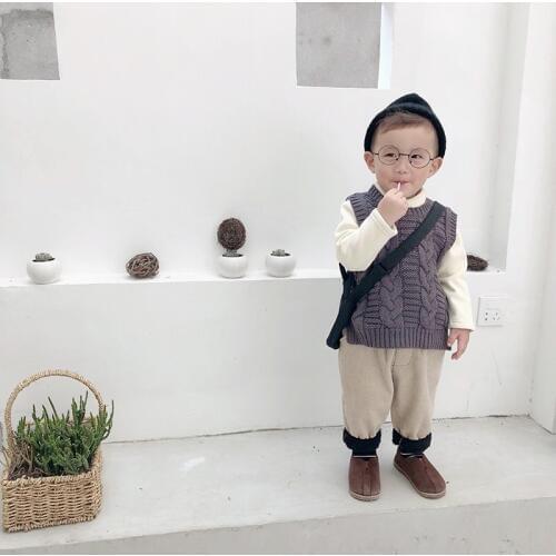 Korean childrens sweater 2019 autumn and winter new childrens clothing womens round neck hooded boy solid color knitted vest