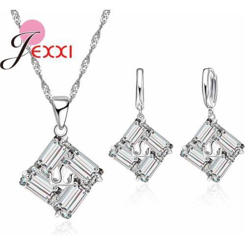Simple Square Shape Women Necklace Earrings Set Party Jewelry Fashion 925 Sterling Silver Bridal Wedding Jewellery Sets