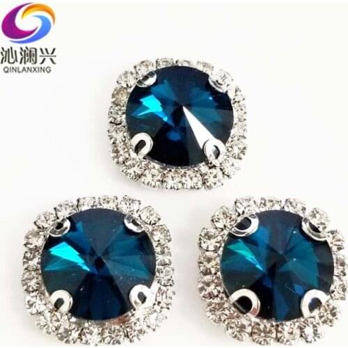 Round shape top glass crystal rhinestones with hole,Peacock blue Silver bottom sew on stone for Diy Clothing accessories SWWK14