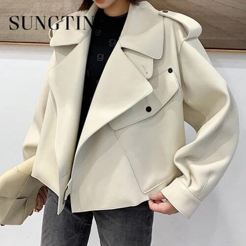 Sungtin Fashion Faux Leather Loose Jacket Women Oversize Korean Streetwear PU Biker Punk Jackets Boyfriend Stylel Coat 2021 Chic