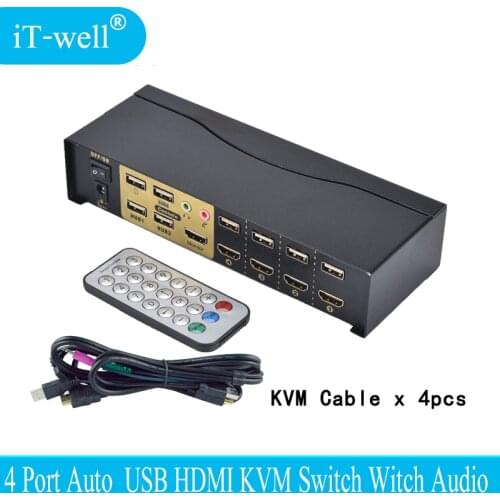 USB HDMI KVM Switch 4 Port HDMI USB2.0 With Audio cables Splitter Mouse keyboard 4Kx2K HDMI Switcher