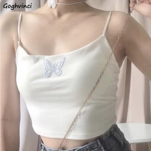 Camis Women Sweet Butterfly-embroidery Slim All-match Crop Tops Summer Fashion Korean Style Bodycon Kawaii Preppy Girls Solid