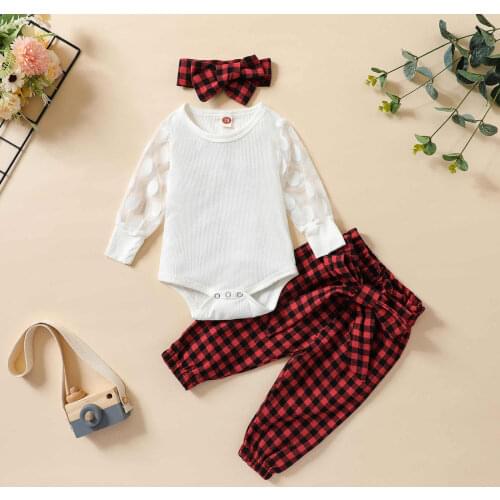 Cute Fall Winter Baby Girl’s Tops and Trousers Suit Fresh Mesh Long Sleeve Ribbed Cotton Romper+Plaid Long Pants with Headband