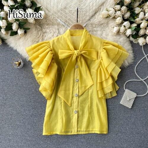 2021 summer new female butterfly sleeve ruffles chiffon shirt womens chic lace-up bow blouses women sweet shirts