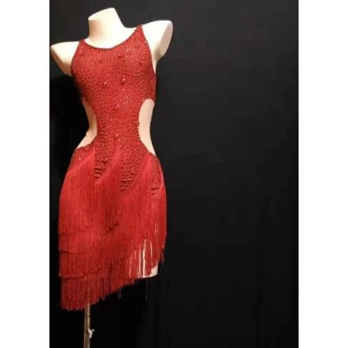 New woman latin dance dress transparant with crystal and tassles for stage performance show event