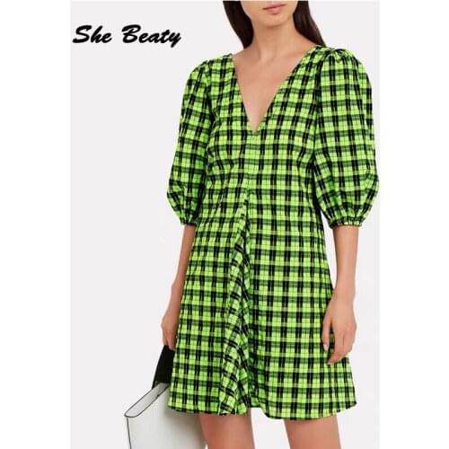 She Beaty Green Plaid Mini Dress Women Sexy V-Neck Puff Sleeve Vintage A-Line Casual Korean Fashion Party Chic Dresses Clothing