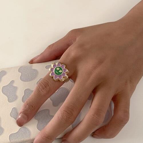 Open Adjustable Ring Flower Index Finger Personality Ring Smiley Sun Flower Sweet Cool Candy Color Open Ring Bracelet