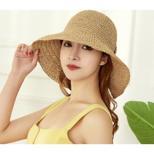 New Women Panama Raffia Bow Sun Hat Wide Brim Floppy Summer Hats for Women Beach Panama Straw Dome Bucket Hat Femme Shade Hat