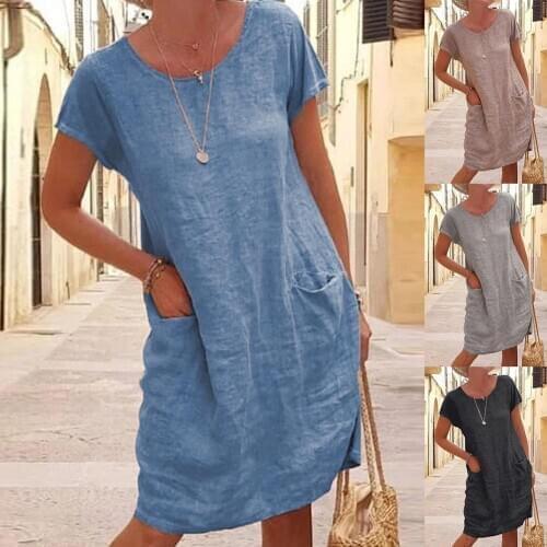 Womens Short Sleeve Solid Color Cotton Linen Ladies Summer Dress Oversize Loose Casual O Neck Pocket Solid Short Dresses