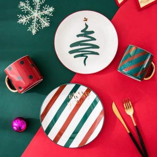 Nordic Christmas Tracing Gold Luxury Ceramic Mug Dish Dessert Fruit Plate Tableware Set Lovers Dinner Plate Christmas Trees