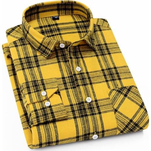 Red Yellow Vogue Trend Flannel Plaid Casual Shirt For Men Regular Fit Buttons Youth Campus Style Nice Spring Autumn Pop