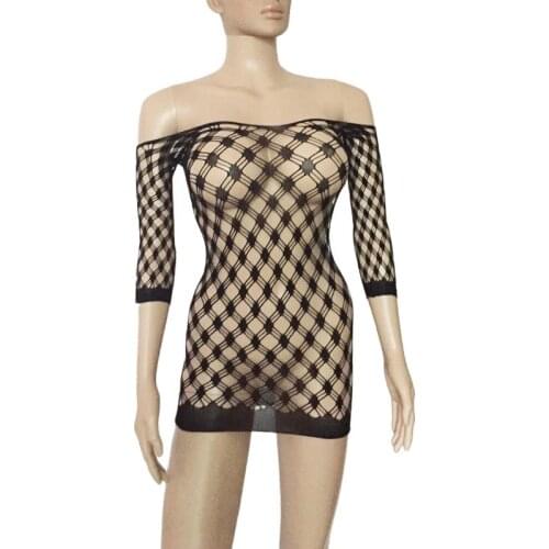 Sexy Lingerie See Through Jacquard Mesh Off The Shoulder Mini Dress Half Sleeve Hollow Out Fishnet Net Bodystocking Bodysuit