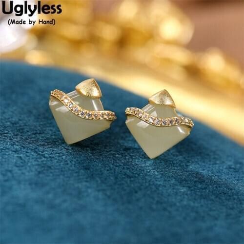Uglyless Square Jade Studs Earrings Women MINI Triangle Corner Earrings 925 Silver Crystals Brincos Fashion Gemstones Jewelry