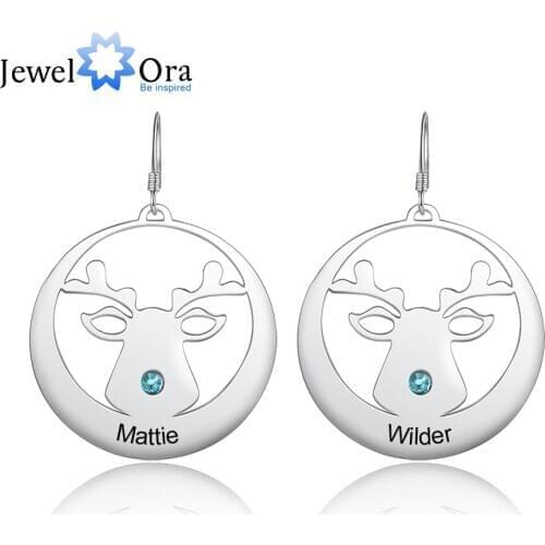 JewelOra Designer Personalized Engraved Name Christmas Elk Earrings for Women Customized Birthstone Drop Earring New Year Gifts