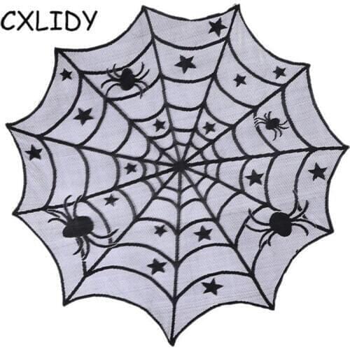 Halloween Party Tablecloth Lampshade Stove Towel Curtain Spider Web Bat Black Lace Curtain Pentagram Round Tablecloth Supplies