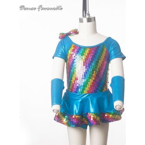 Two in one jazz/tap dance costume, women & girl rainbow sequin bodice ballet dress dance costume