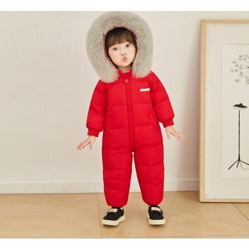 -30 Degree Infant Baby Rompers Real Fur Collar Duck Down Filling Kids Baby Snowsuit Thick Warm Toddler Boys Girls Down Jumpsuit