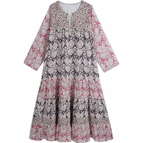 XIKOM 2021 Summer Women Boho Floral Print Patchwork Casual Loose Midi Dress Female V Neck Dresses Ladies Vintage Lace Up Dress