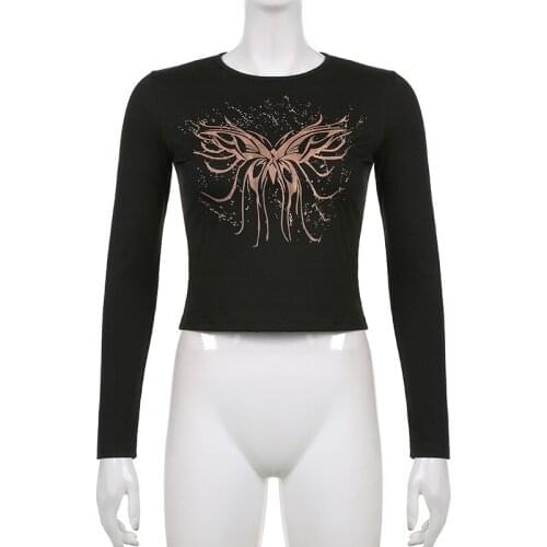 Autumn butterfly print long-sleeved new o-neck temperament bottoming T-shirt women